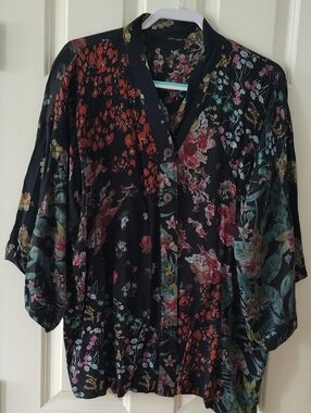 Black Floral Button-Front Tunic with Multicolor Blooms